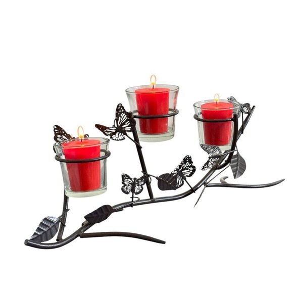 Vintage Rustic Style Butterfly and Leaf 3-Arm Metal Candle Holder 15" Length - Picture 7 of 7